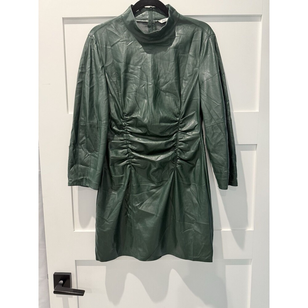Zara Faux Leather Draped and Ruched  Dress hunter forest green Sz Medium